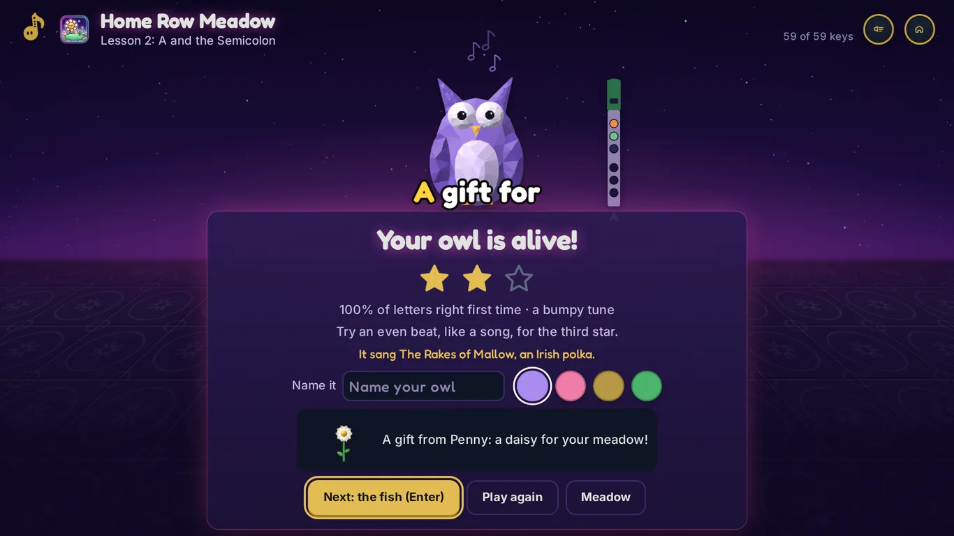 A purple low-poly owl comes alive above the card that says Your owl is alive, It sang The Rakes of Mallow, an Irish polka, with color swatches and Penny's gift of a pond.