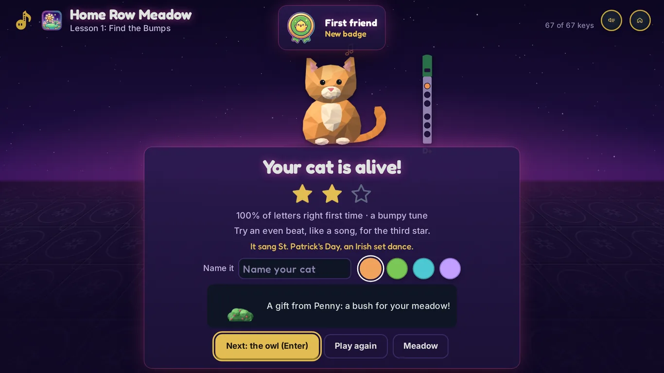 A low-poly orange cat sits in a purple night meadow above a card that says Your cat is alive, with two of three stars and the line It sang St. Patrick's Day, an Irish set dance.