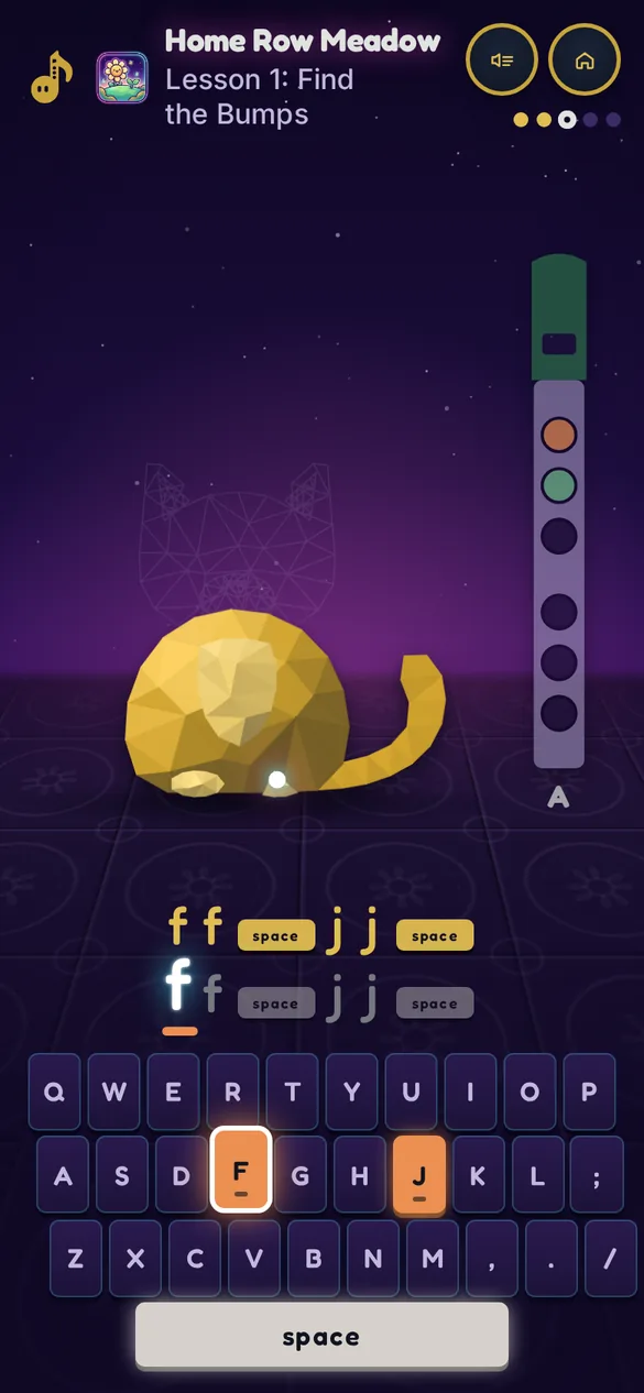 Typing Melody on a phone: the brass cat taking shape, the whistle with three holes covered, and big keys to tap.