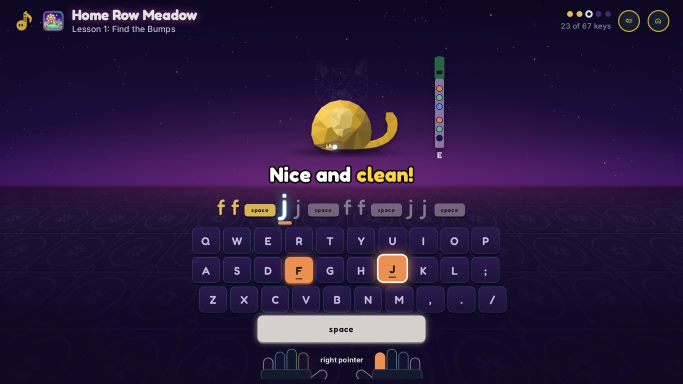 A lesson in progress: the letters f and j with little space bar keys between them, an on-screen keyboard with F and J lit orange, a half-built brass cat, and Penny's green whistle showing which holes to cover.